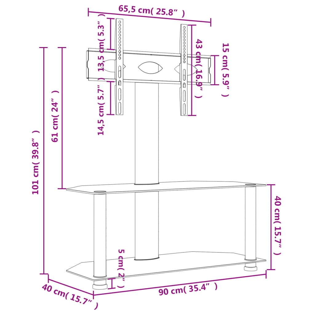 Tv-standaard hoek 2-laags voor 32-70 inch zwart en zilverkleur