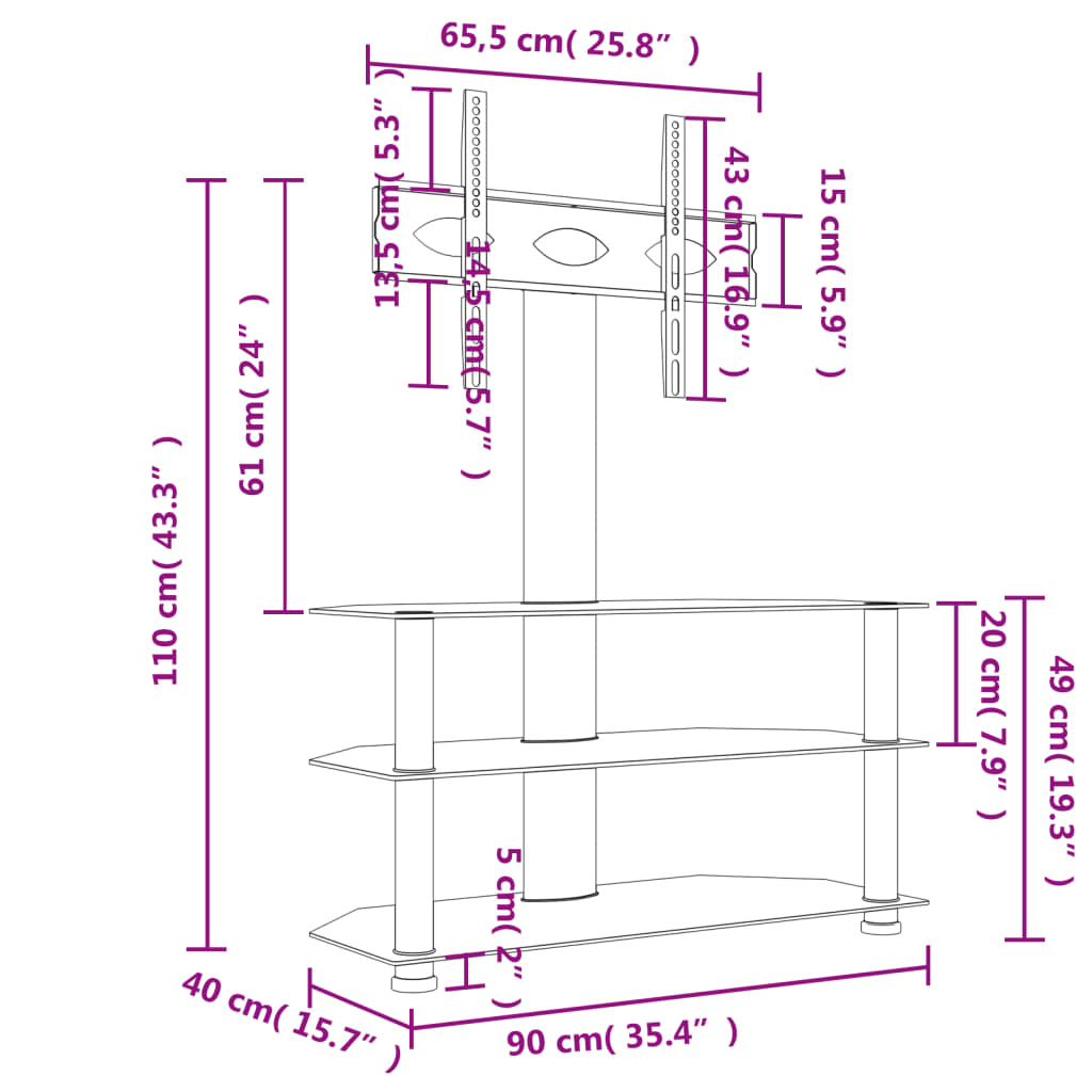 Tv-standaard hoek 3-laags voor 32-70 inch zwart