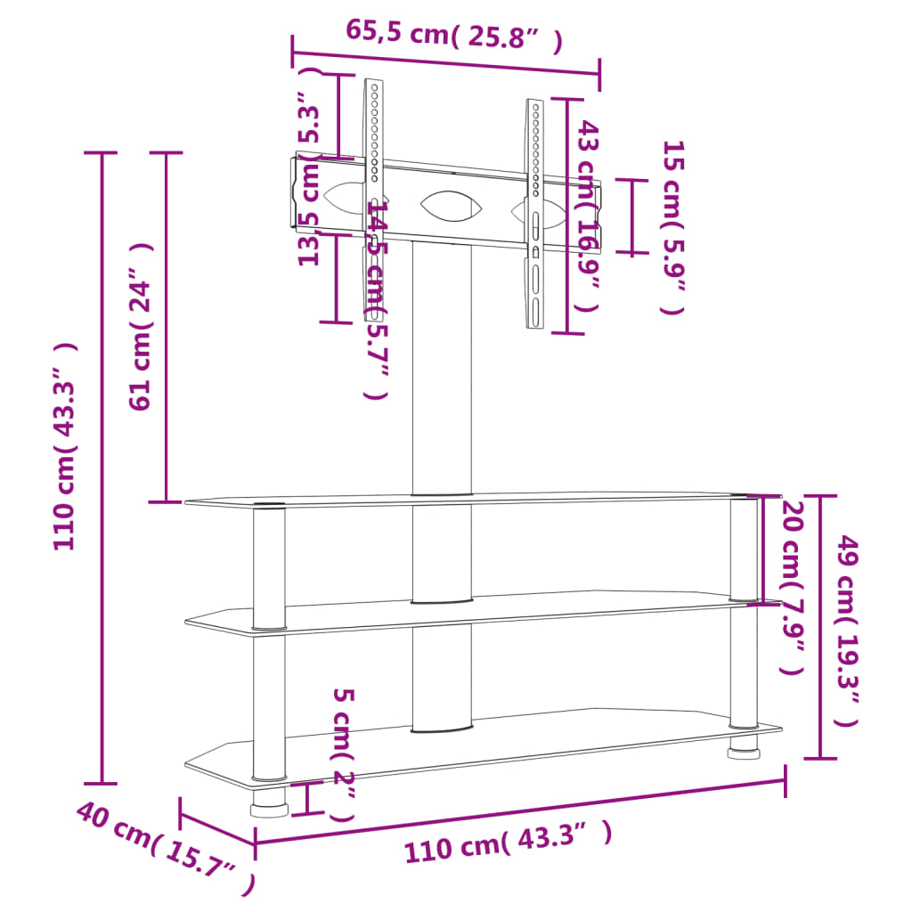 Tv-standaard hoek 3-laags voor 32-70 inch zwart en zilverkleur