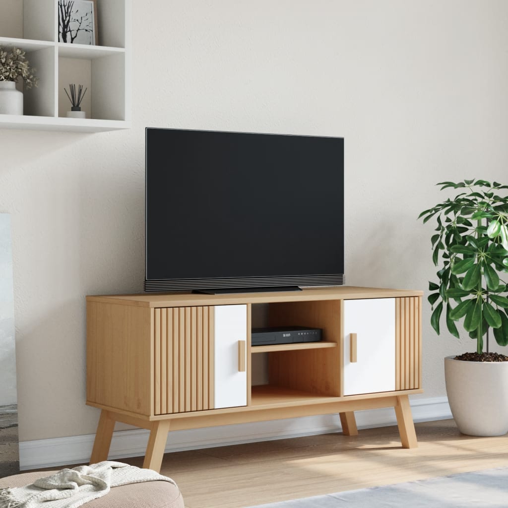 Tv-meubel OLDEN 114x43x57 cm massief groenhout wit en bruin