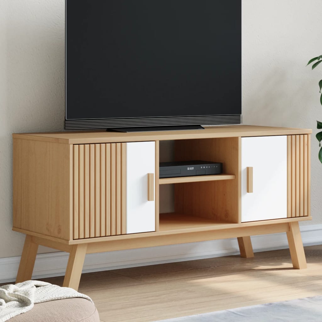 Tv-meubel OLDEN 114x43x57 cm massief groenhout wit en bruin