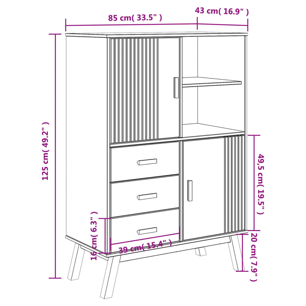 Hoge kast OLDEN 85x43x125 cm massief groenenhout grijs en bruin