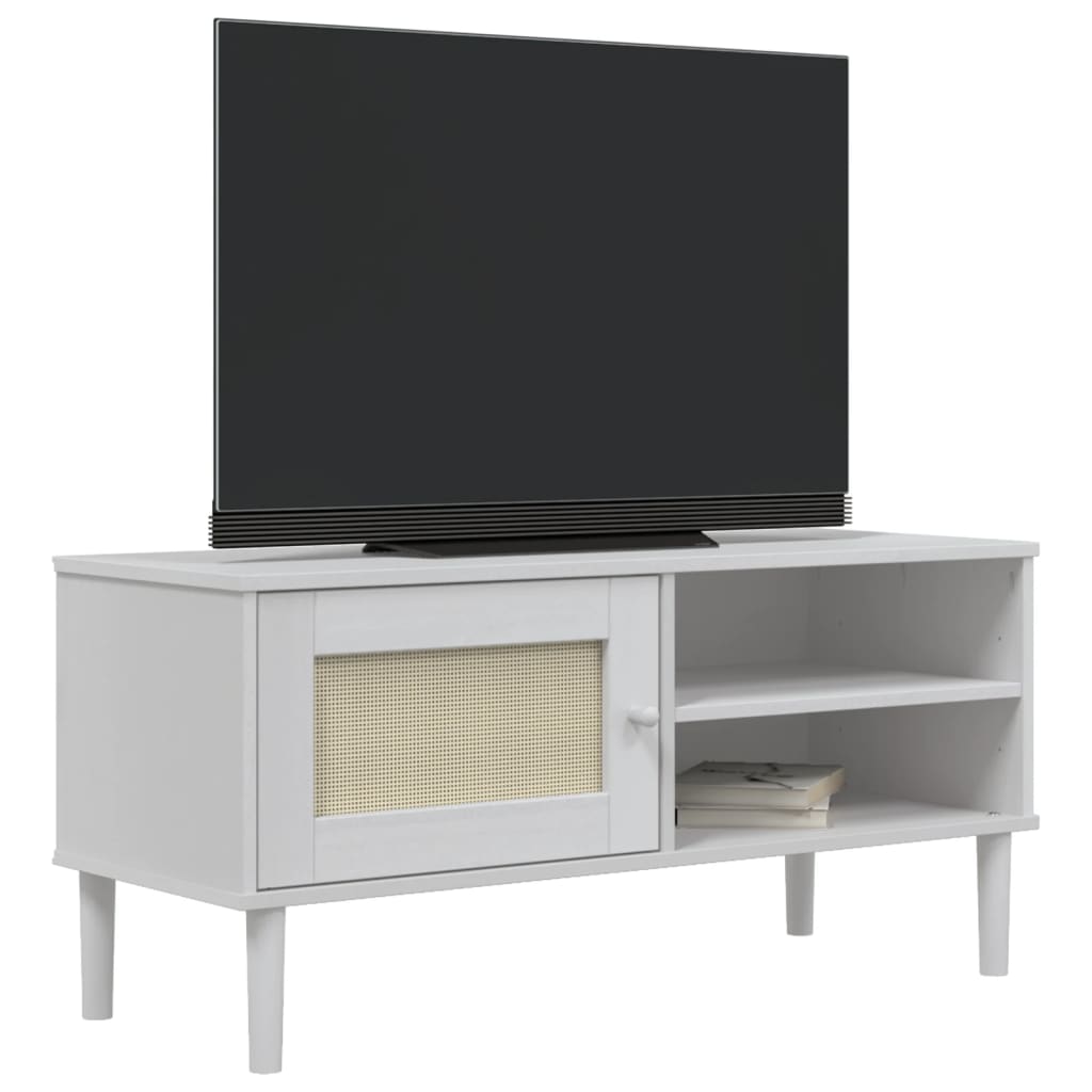 Tv-meubel SENJA 106x40x49 cm rattan massief grenenhout wit