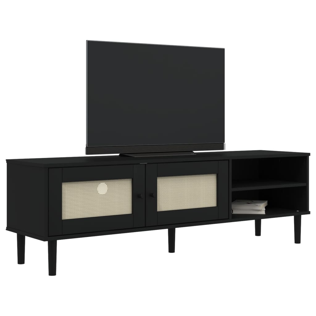 Tv-meubel SENJA 158x40x49 cm rattan-look massief grenen zwart