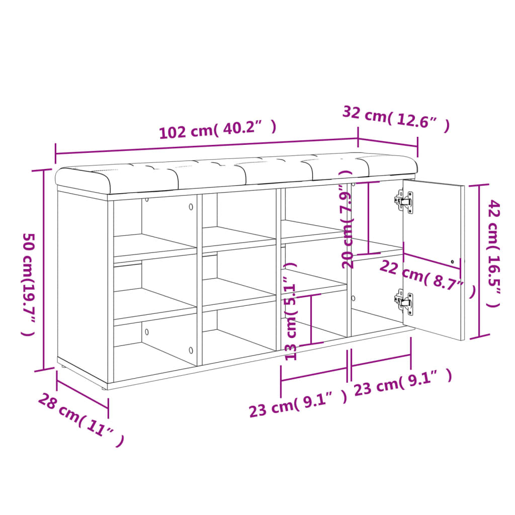 Schoenenbank 102x32x50 cm bewerkt hout wit