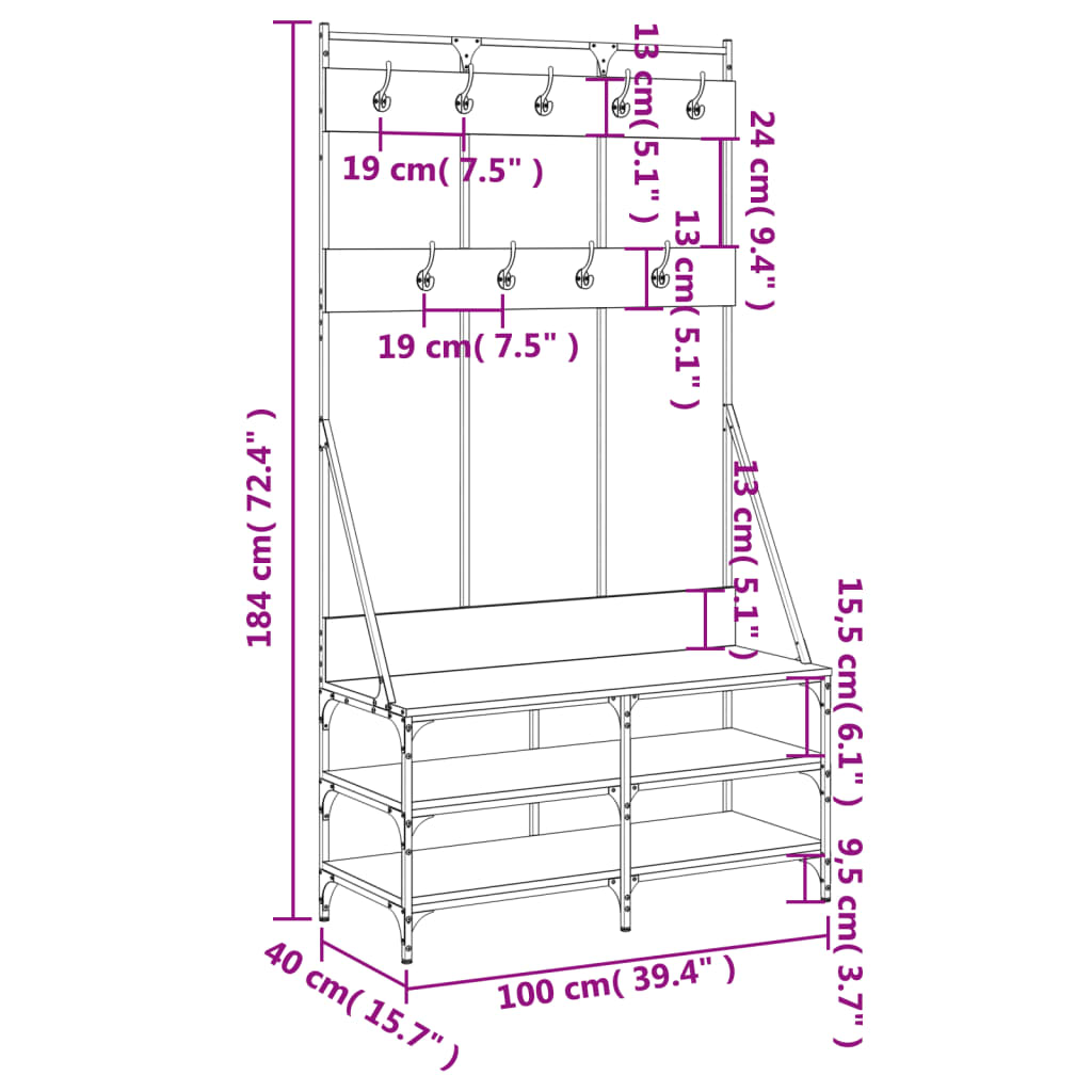 Kledingrek met schoenenrek 100x40x184 cm gerookt eikenkleurig