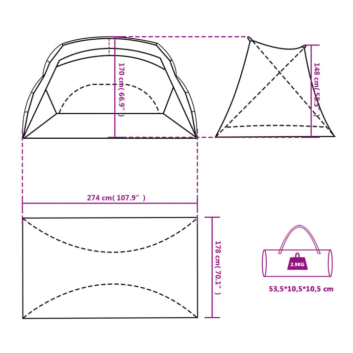 Strandtent 274x178x170/148 cm 185T taft azuurblauw