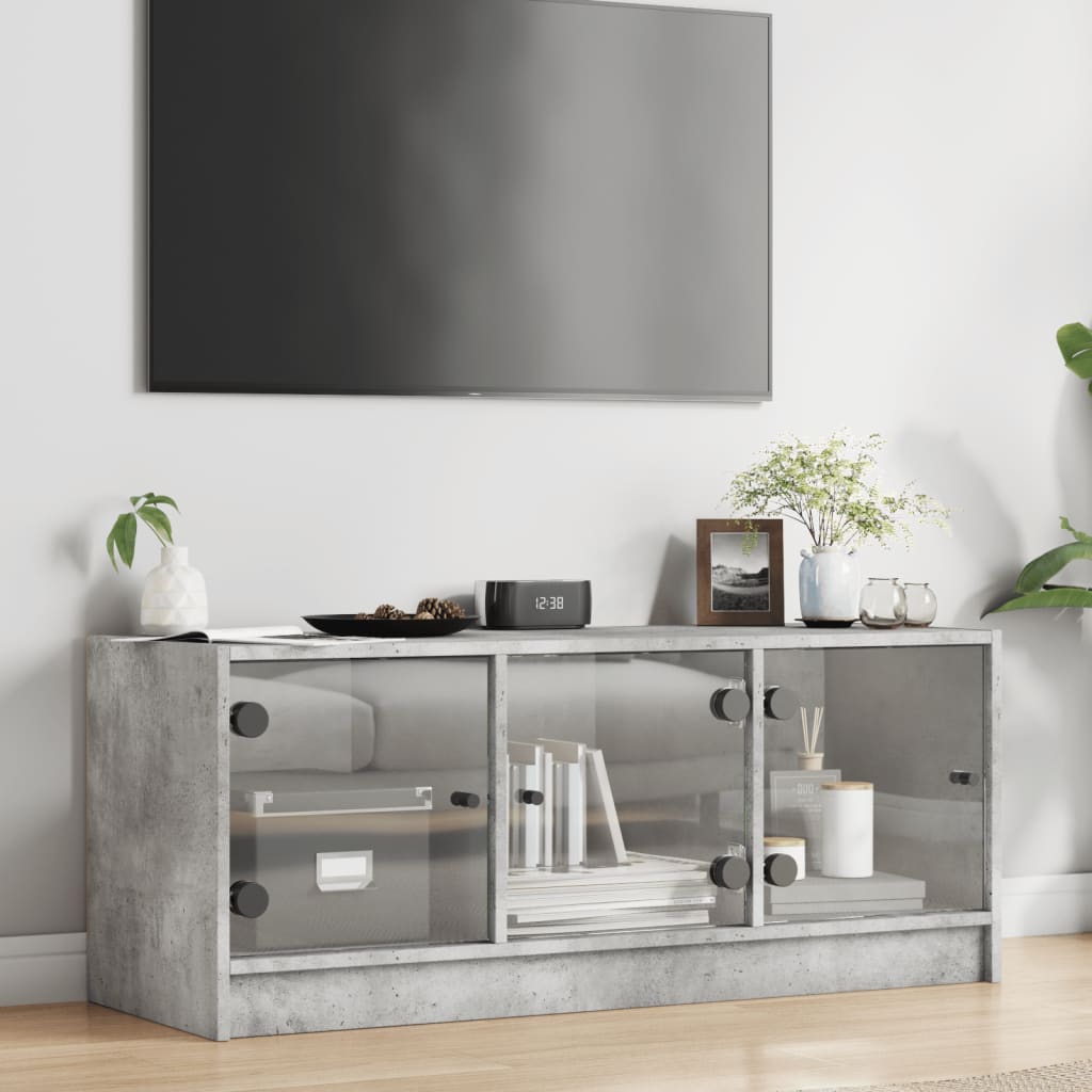 Tv-meubel met glazen deuren 102x37x42 cm betongrijs