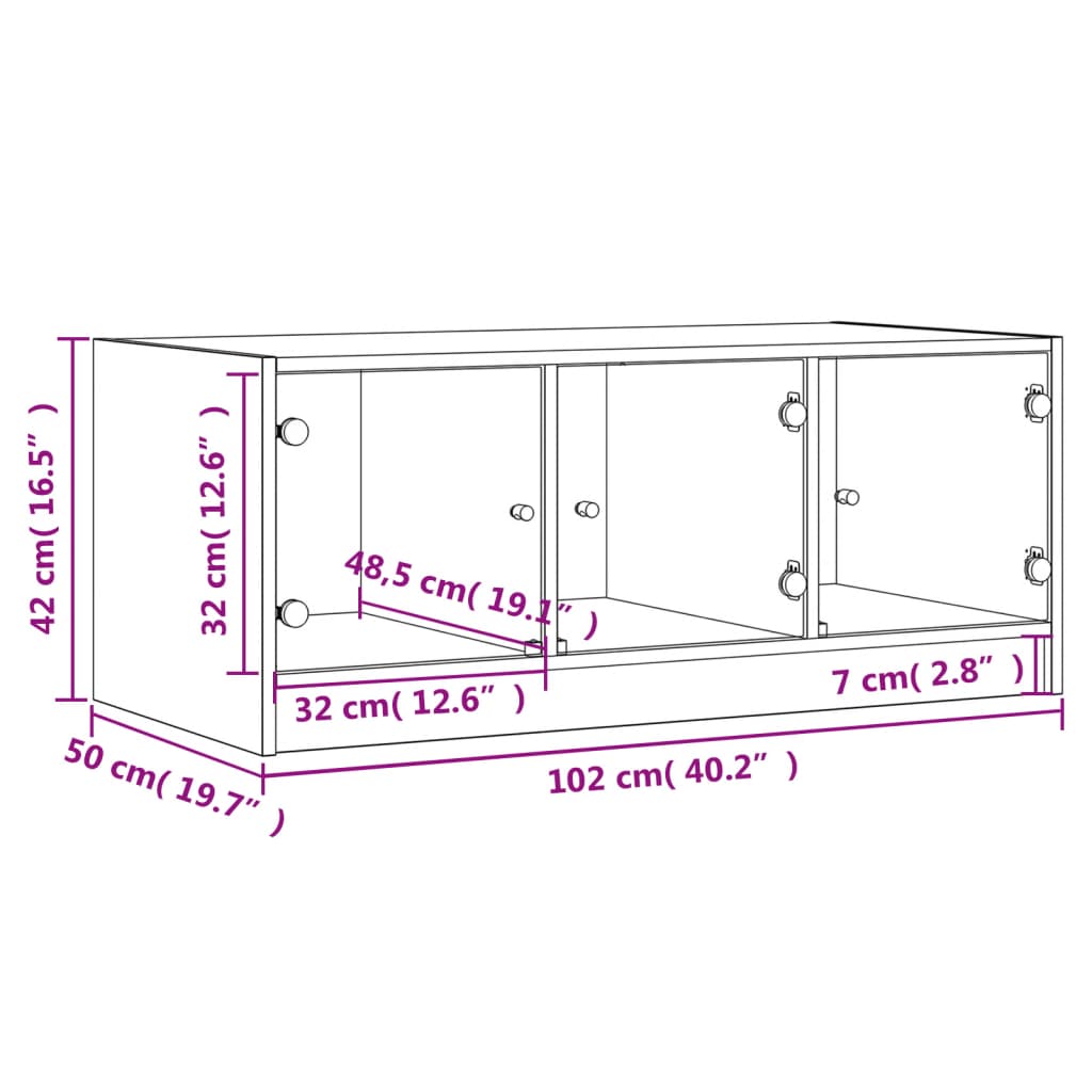 Salontafel met glazen deuren 102x50x42 cm betongrijs