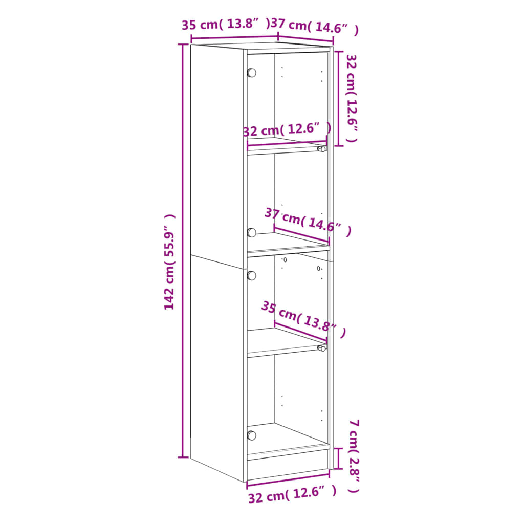 Hoge kast met glazen deuren 35x37x142 cm gerookt eikenkleurig