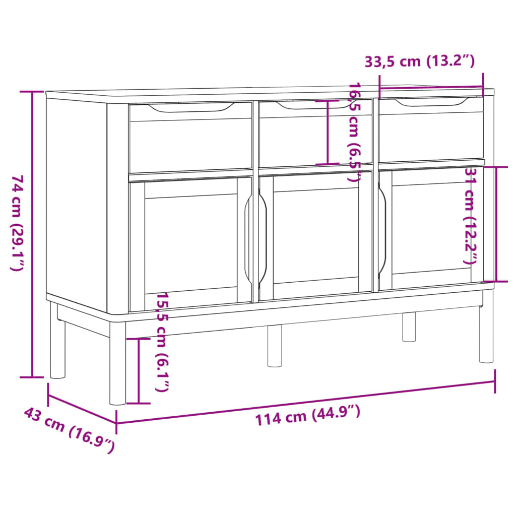 Dressoir FLORO 114x43x74 cm massief grenenhout wasbruin