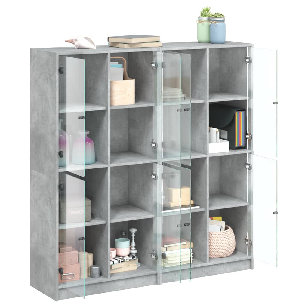 Boekenkast met deuren 136x37x142 cm bewerkt hout betongrijs