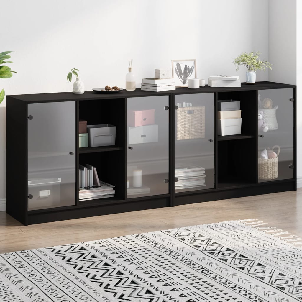 Boekenkast met deuren 204x37x75 cm bewerkt hout zwart