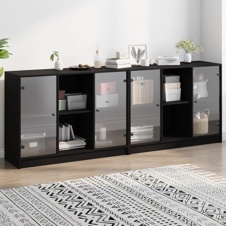 Boekenkast met deuren 204x37x75 cm bewerkt hout zwart