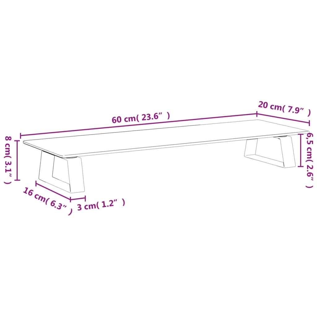 Monitorstandaard 60x20x8 cm gehard glas en metaal wit