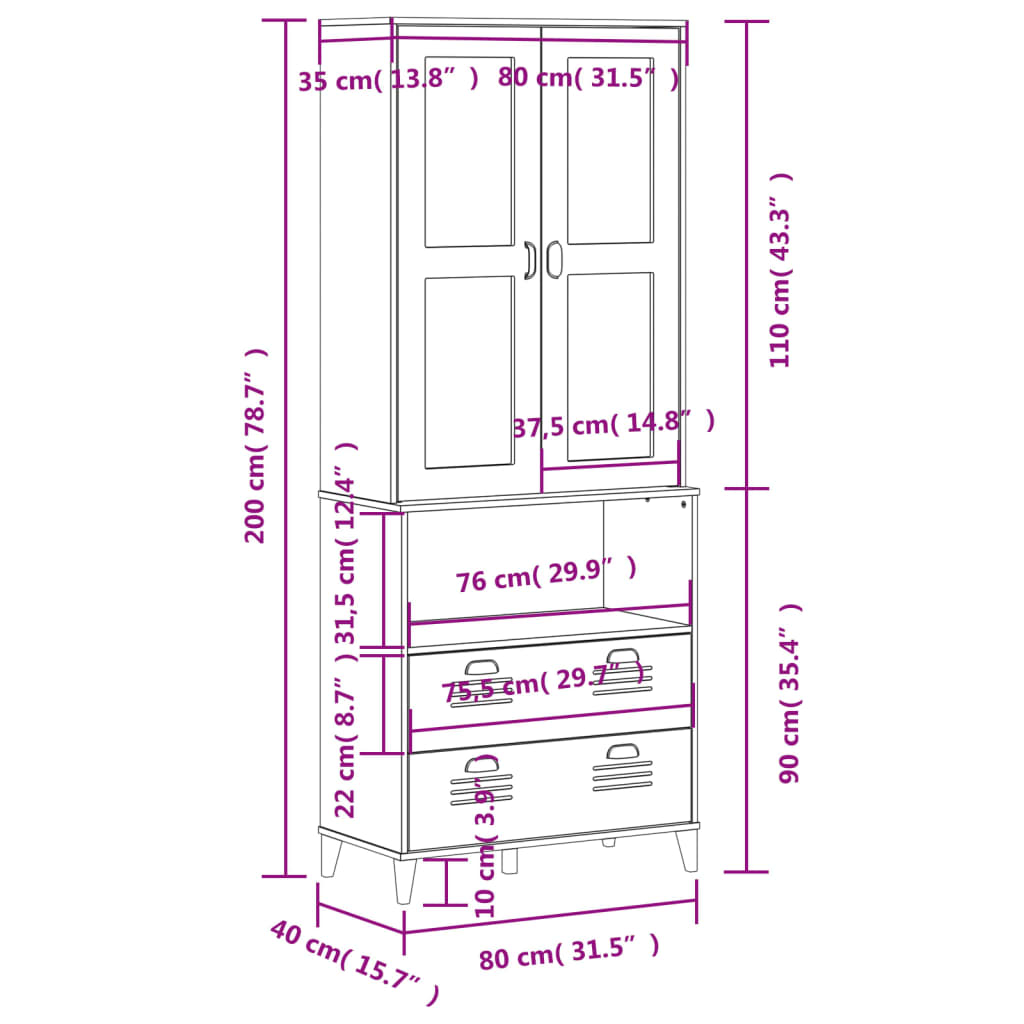 Hoge kast VIKEN 80x40x200 cm massief grenenhout wit