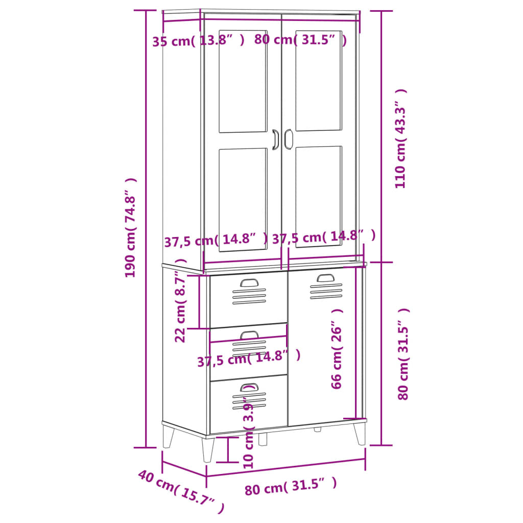 Hoge kast VIKEN 80x40x190 cm massief groenhout wit