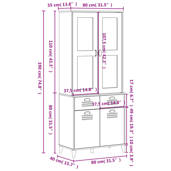 Hoge kast VIKEN 80x40x190 cm massief grenenhout wit