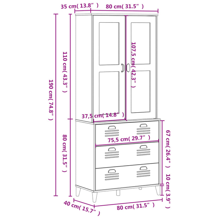 Hoge kast VIKEN 80x40x190 cm massief groenhout wit