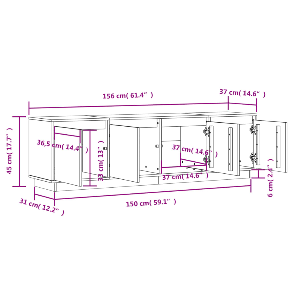 Tv-meubel 156x37x45 cm massief grenenhout