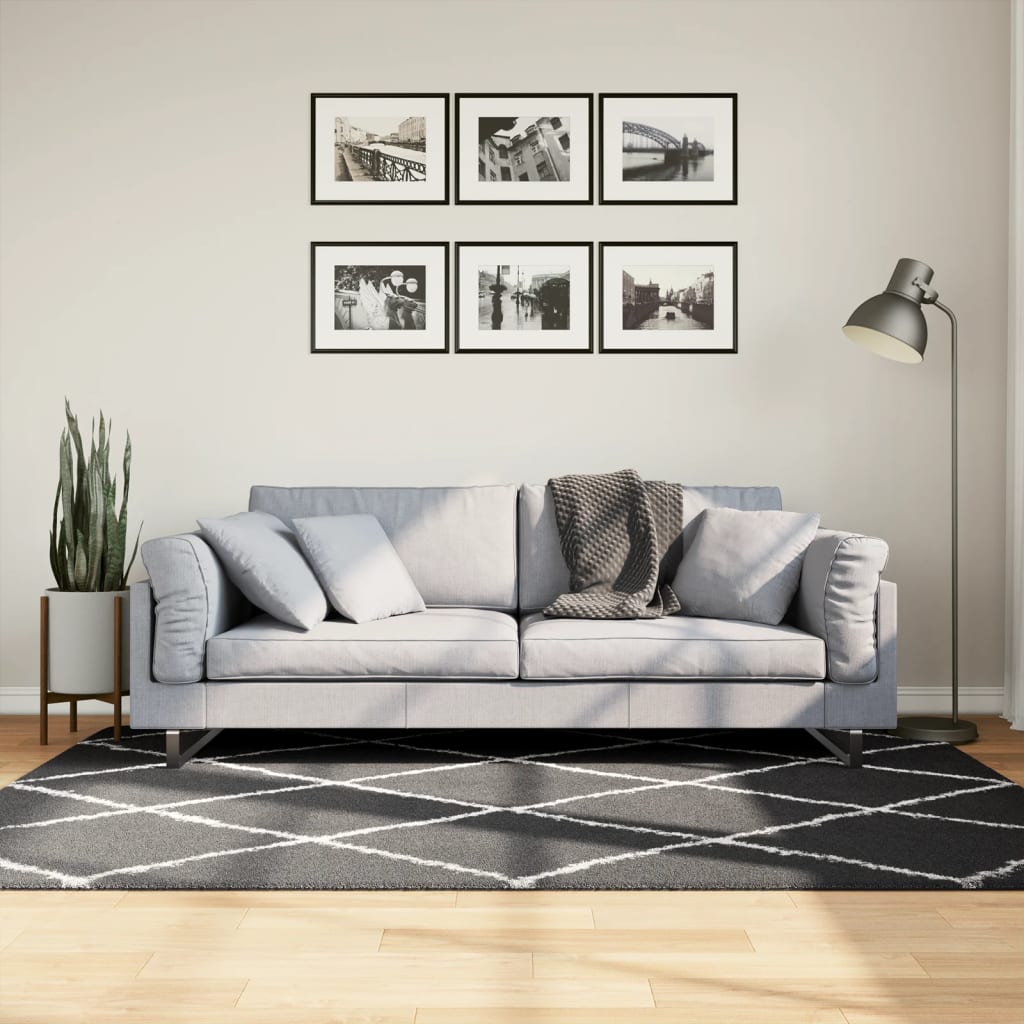 Vloerkleed shaggy hoogpolig modern 140x200 cm zwart en crème