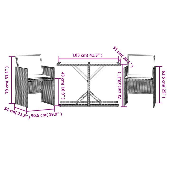 3-delige Bistroset met kussens poly rattan beige