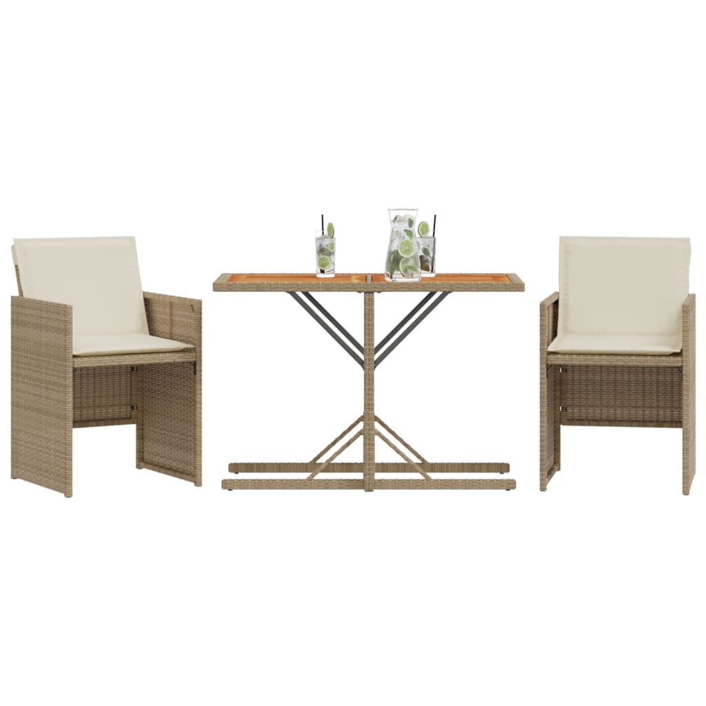 3-delige Bistroset met kussens poly rattan beige