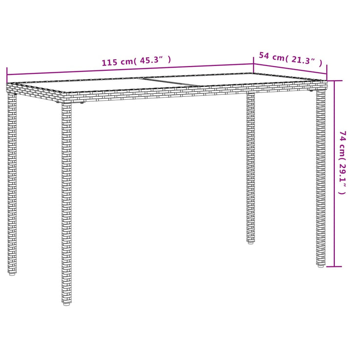 Tuintafel met glazen blad 115x54x74 cm poly rattan zwart