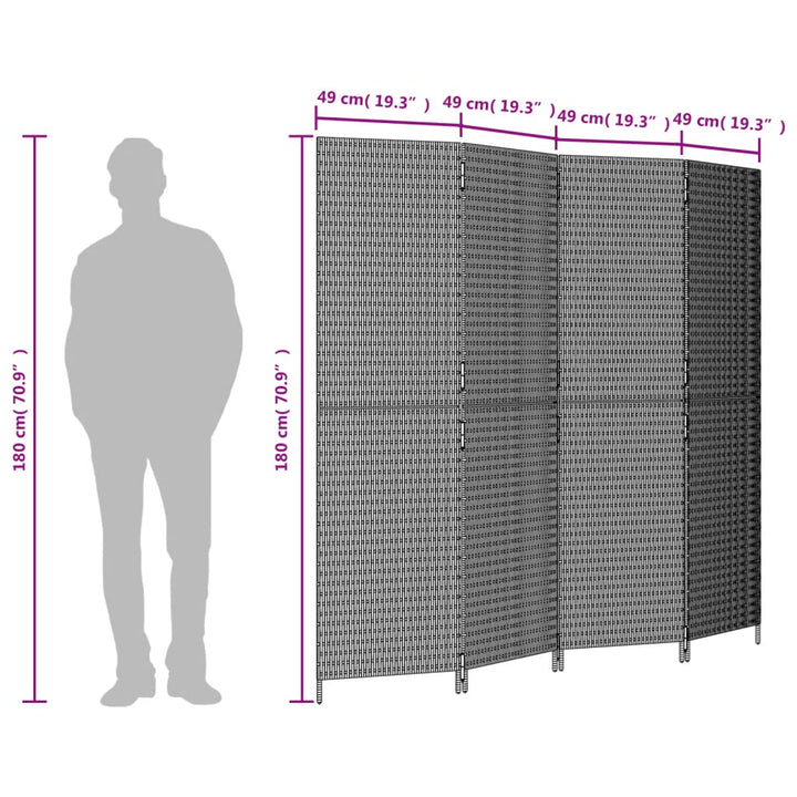 Kamerscherm 4 panelen poly rattan grijs