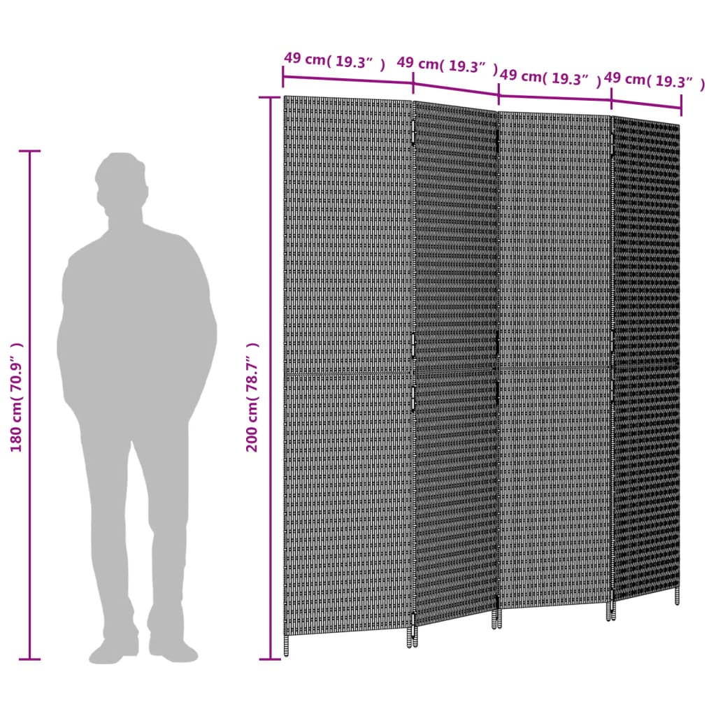 Kamerscherm 4 panelen poly rattan grijs