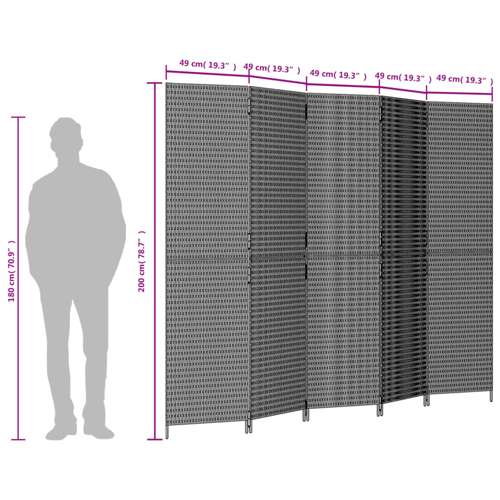 Kamerscherm 5 panelen poly rattan grijs