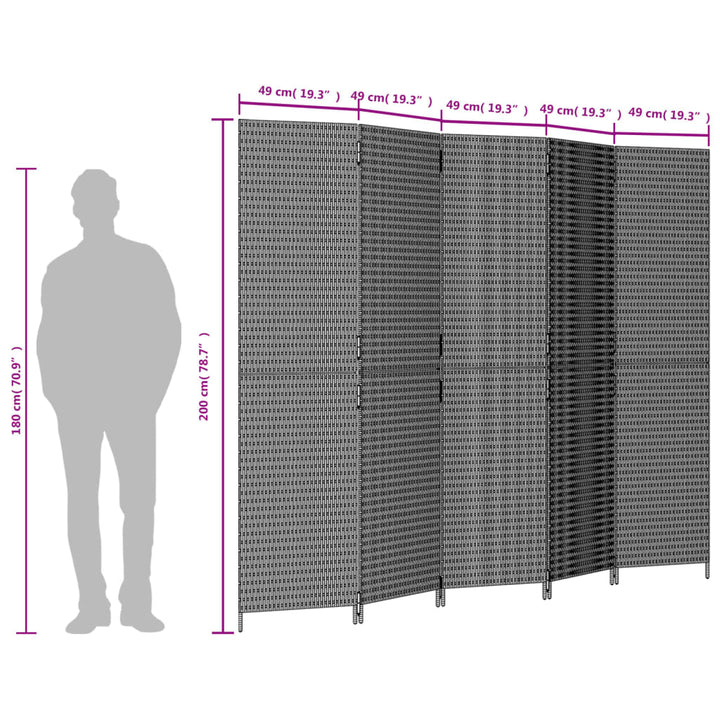 Kamerscherm 5 panelen poly rattan grijs