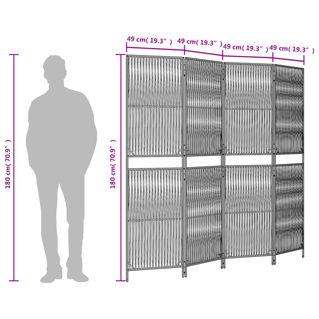 Kamerscherm 4 panelen poly rattan grijs