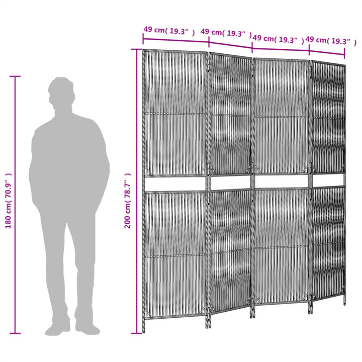 Kamerscherm 4 panelen poly rattan grijs