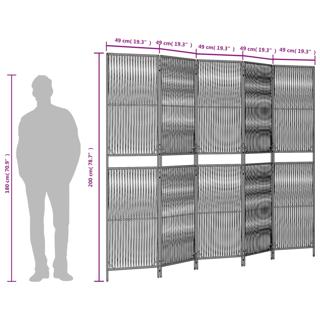 Kamerscherm 5 panelen poly rattan grijs