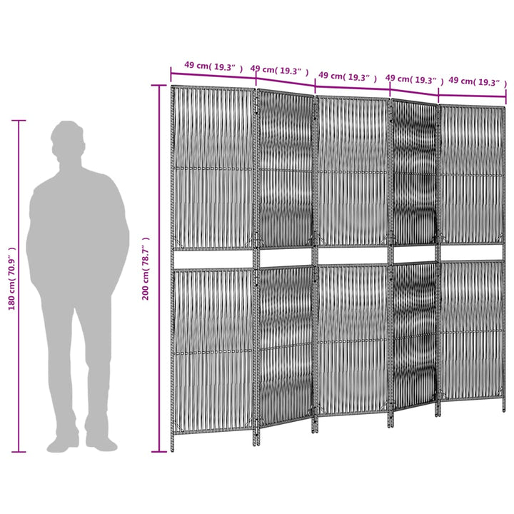 Kamerscherm 5 panelen poly rattan grijs