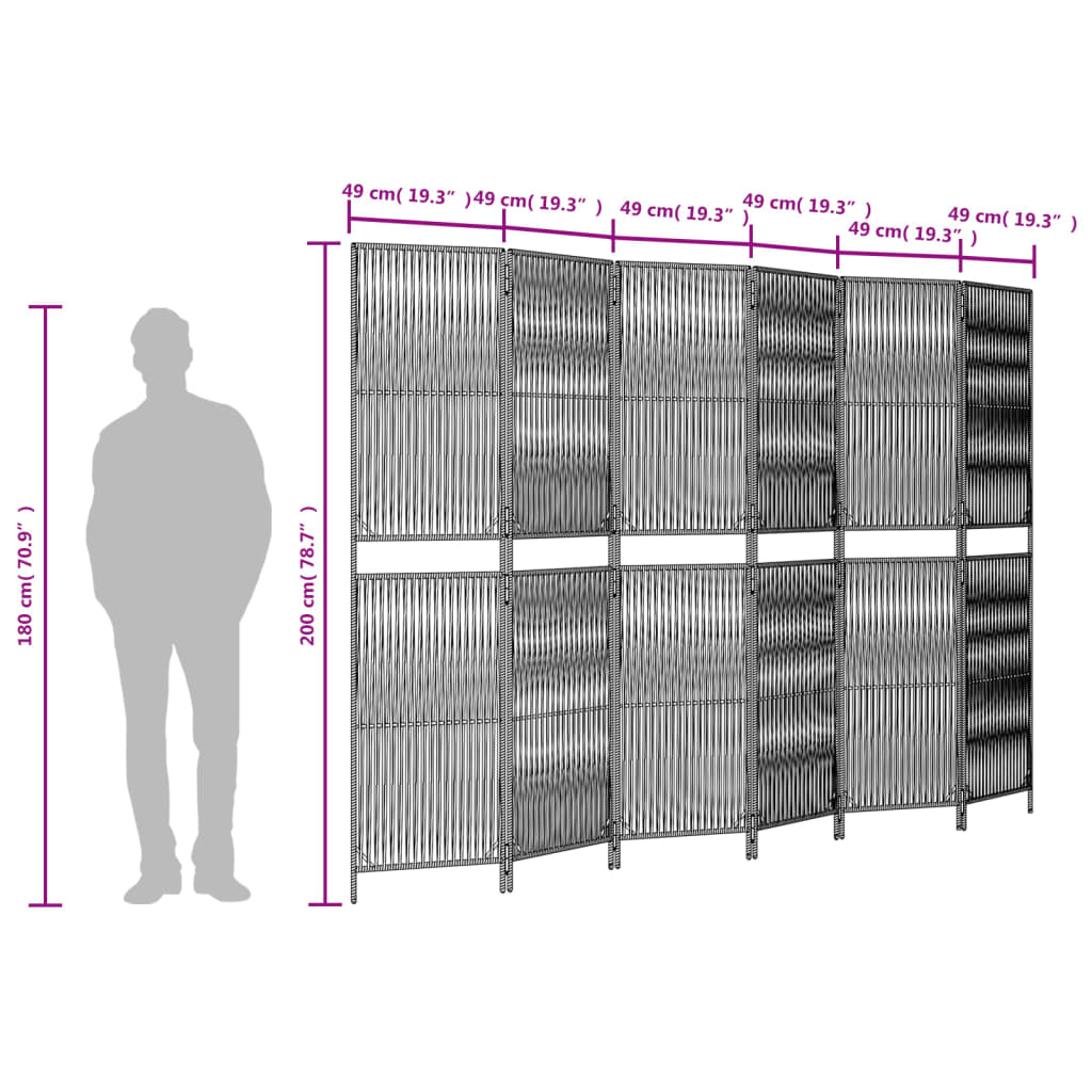 Kamerscherm 6 panelen poly rattan grijs