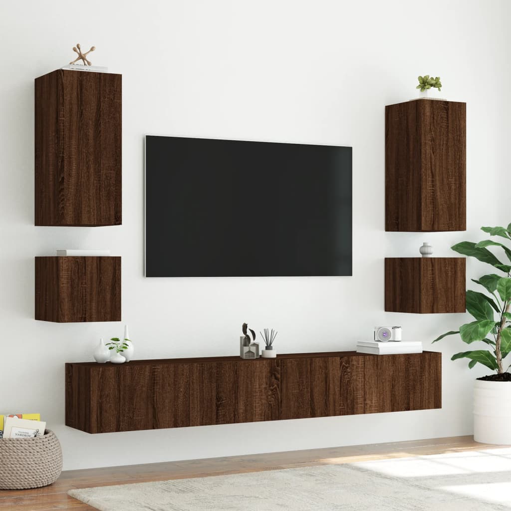 Tv-wandmeubelen met LED 2 st 40,5x35x40 cm bruineikenkleurig