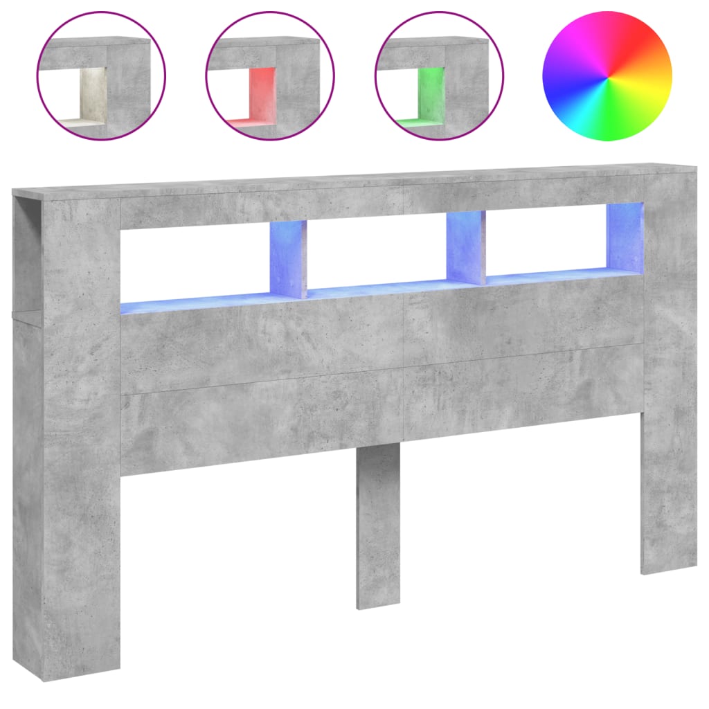 Hoofdeinde met LED 180x18,5x103,5 cm bewerkt hout betongrijs