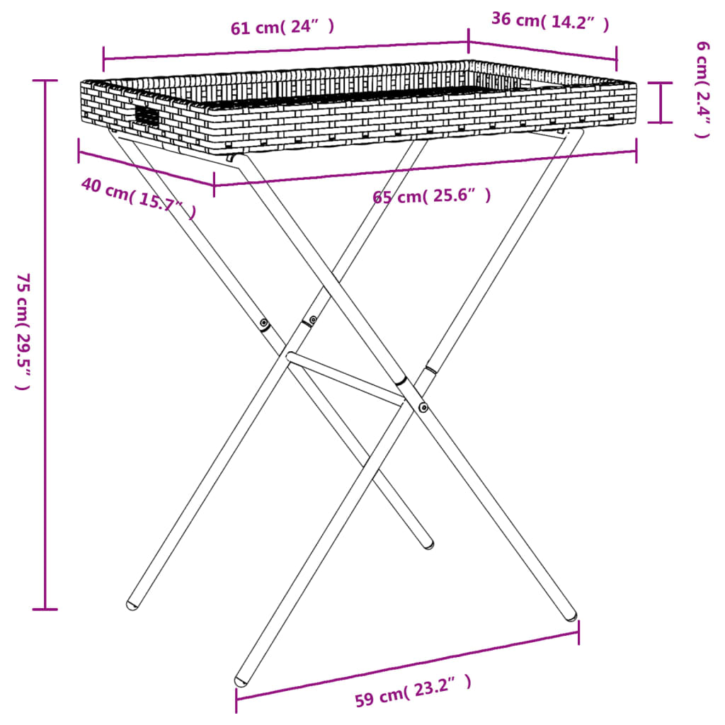 Dienbladtafel inklapbaar 65x40x75 cm poly rattan zwart