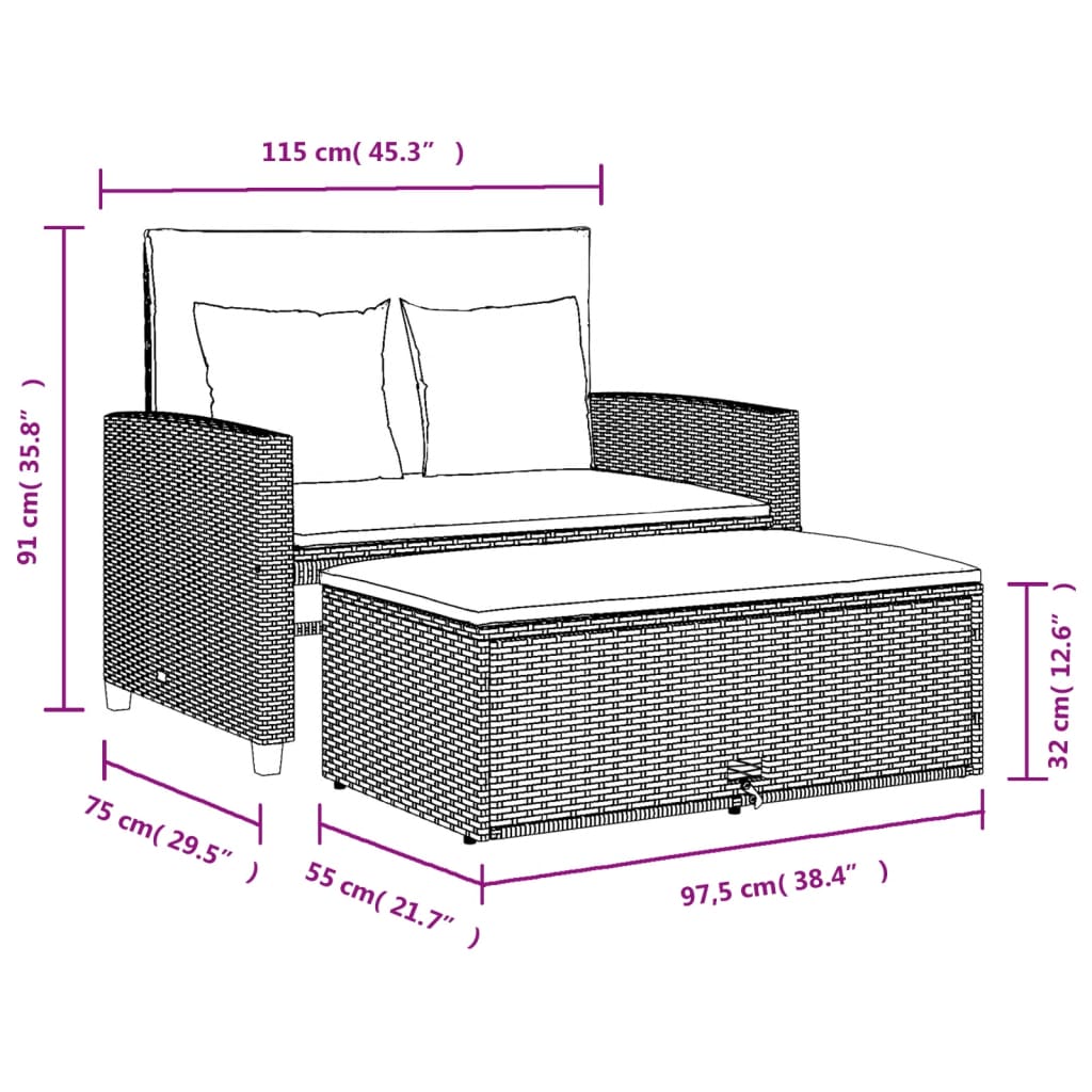 Tuinbank 2-zits met kussens poly rattan beige