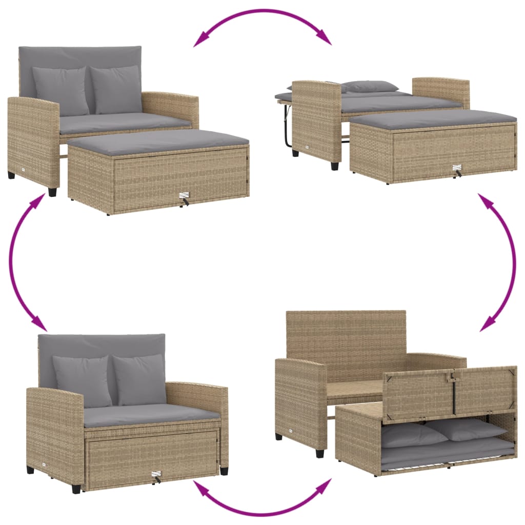 Tuinbank 2-zits met kussens poly rattan beige