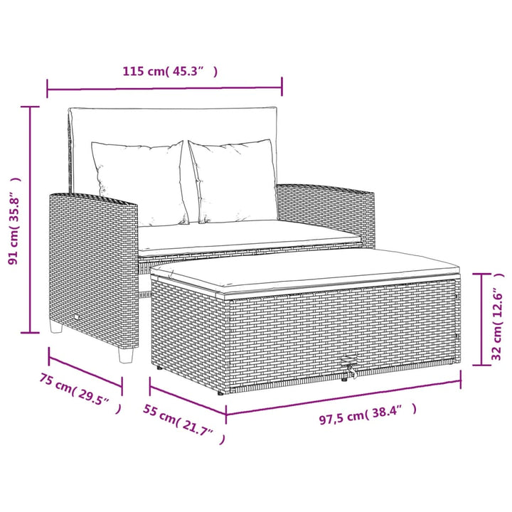 Tuinbank 2-zits met kussens poly rattan en acaciahout beige