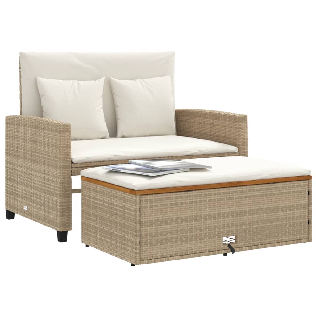 Tuinbank 2-zits met kussens poly rattan en acaciahout beige