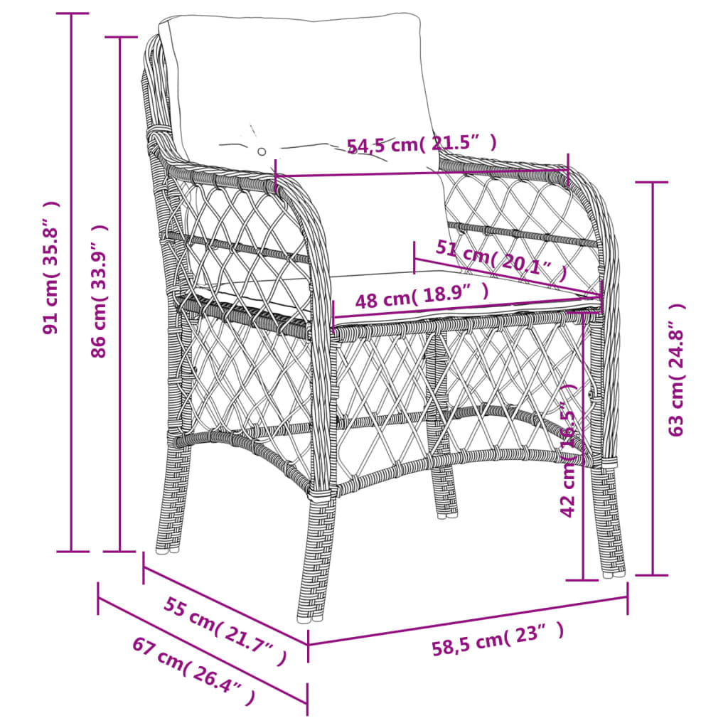 Tuinstoelen 2 st met kussens poly rattan bruin