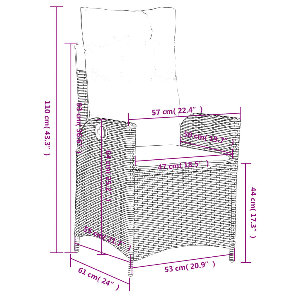 Tuinstoelen 2 st verstelbaar met kussens poly rattan bruin