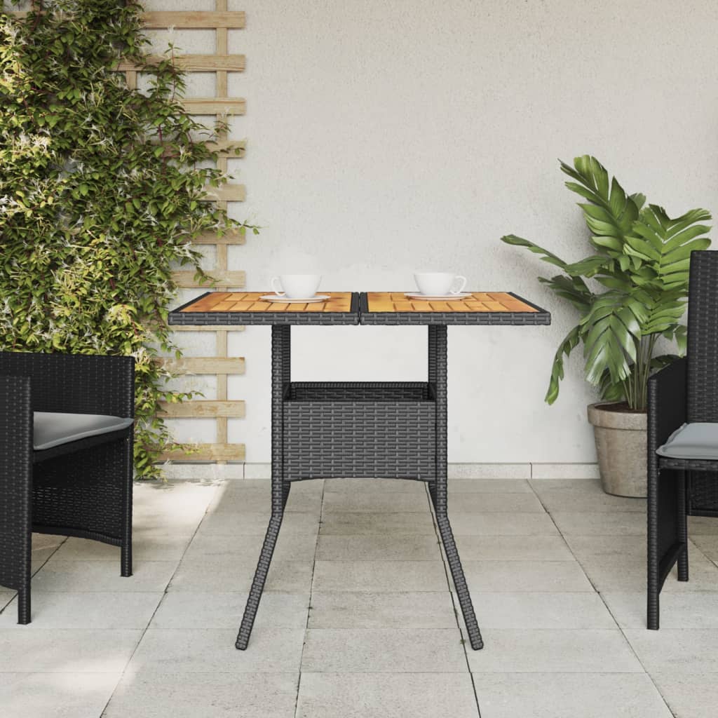 Tuintafel met acaciahouten blad 80x80x75 cm poly rattan zwart