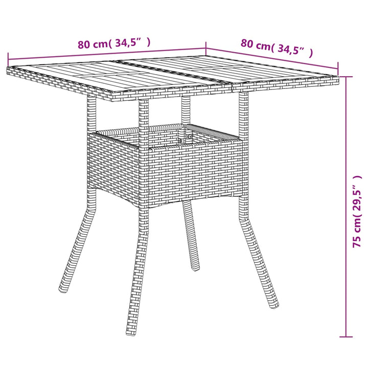 Tuintafel met acaciahouten blad 80x80x75 cm poly rattan zwart