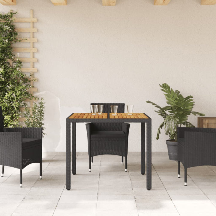 Tuintafel met acaciahouten blad 90x90x75 cm poly rattan zwart