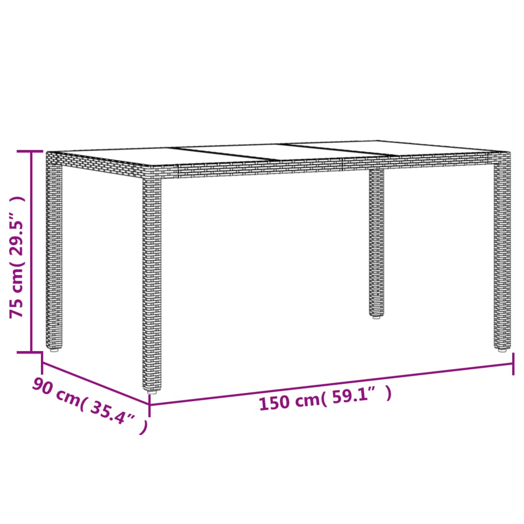 Tuintafel met glazen blad 150x90x75 cm poly rattan zwart